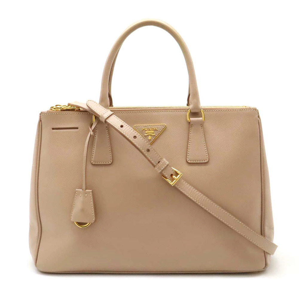Prada Triangle Handbag Tote Bag Shoulder Saffiano Leather Pink Beige Cream